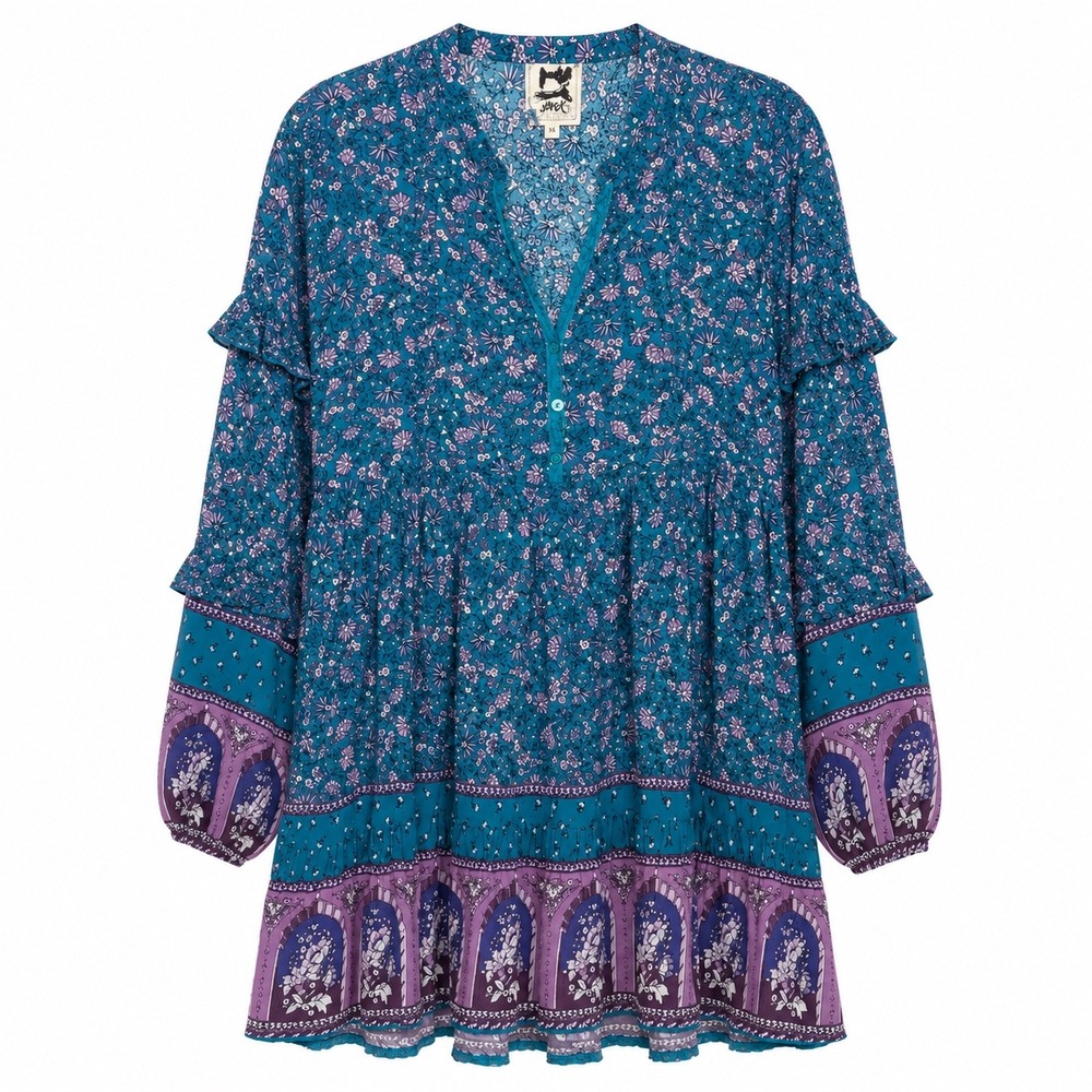 Jaase Boho Floral Mini Dress Blue Purple Long Sleeve XS